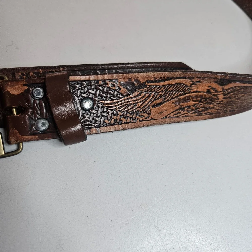 Vintage Jack Brass Buckle Tooled Leather Eagle Belt Brown Western 40 Inch KM627